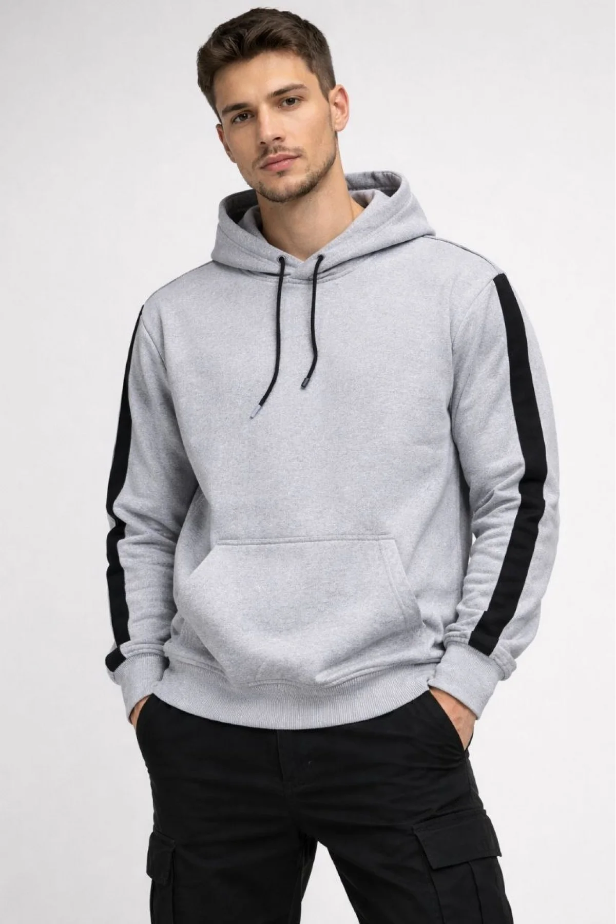 Erkek Şeritli Kapüşonlu Oversize Sweatshirt 3 iplik Pamuklu hoodie - Beyaz