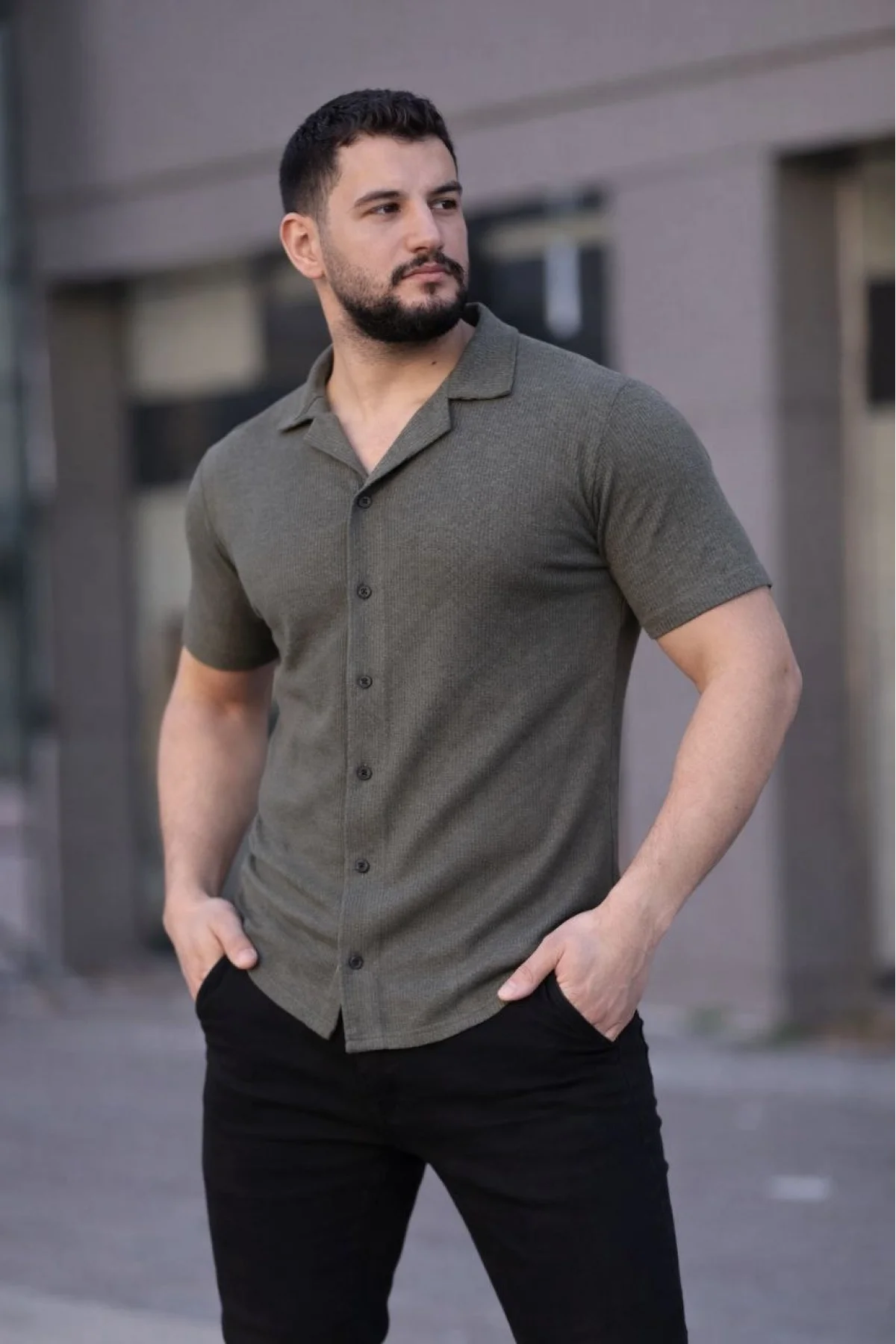 Erkek Waffle Kumaş Kısa Kollu Düğmeli Açık Yaka Regular Fit Gömlek - Haki
